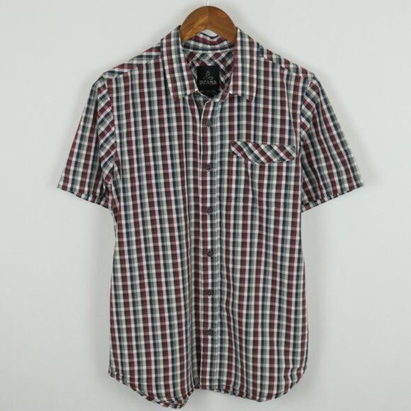 Prana Park Hill Men's Medium Red Gray Plaid Cotton Short Sleeve Button Up Shirt - Picture 1 of 8